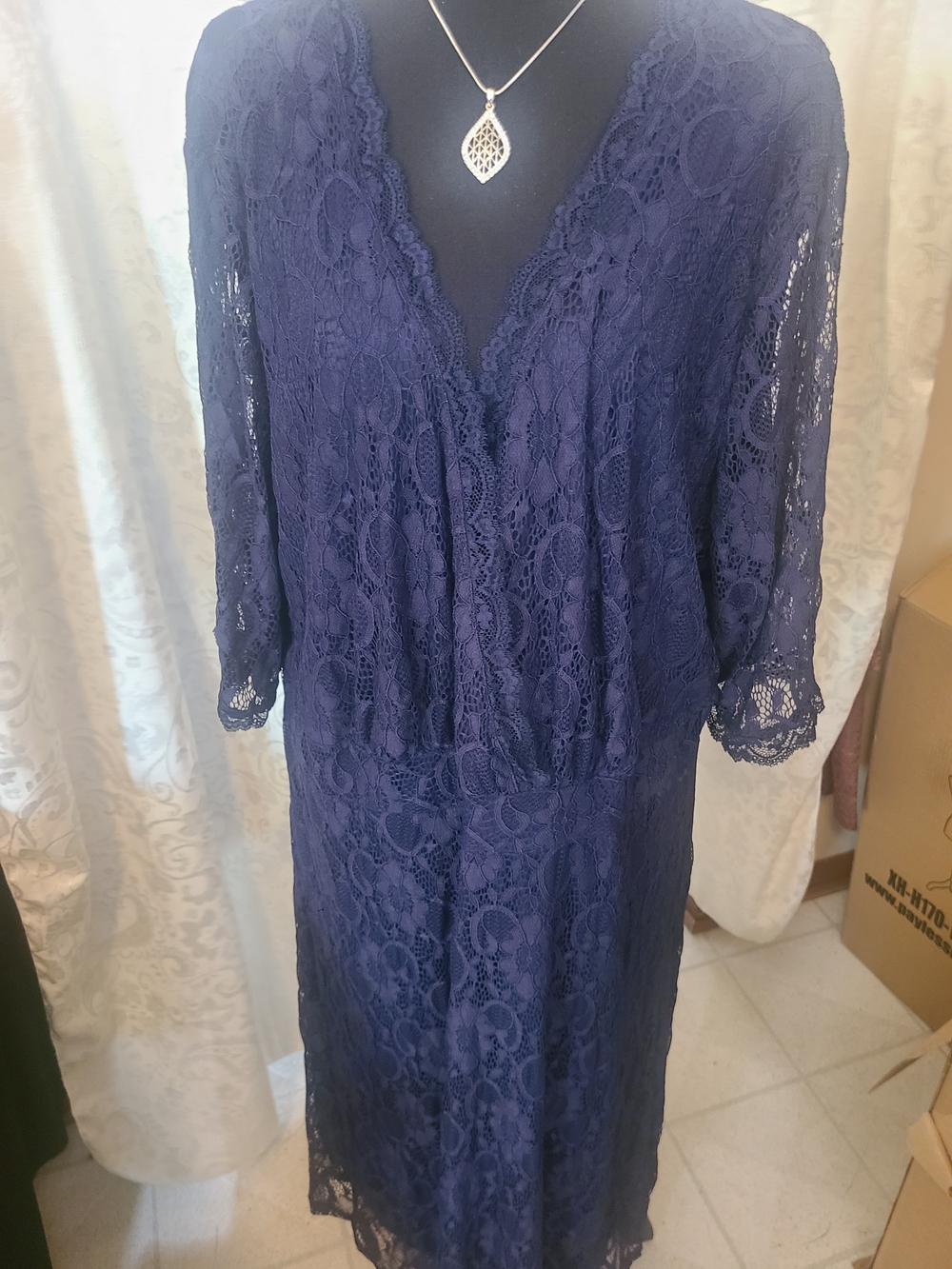 Navy Lace V-Neck Midi Dress